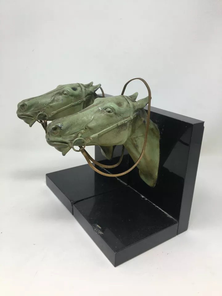 Paire de Serre Livres Art Deco Régule et Marbre Chevaux Equitation Courses Cheval -photo-6