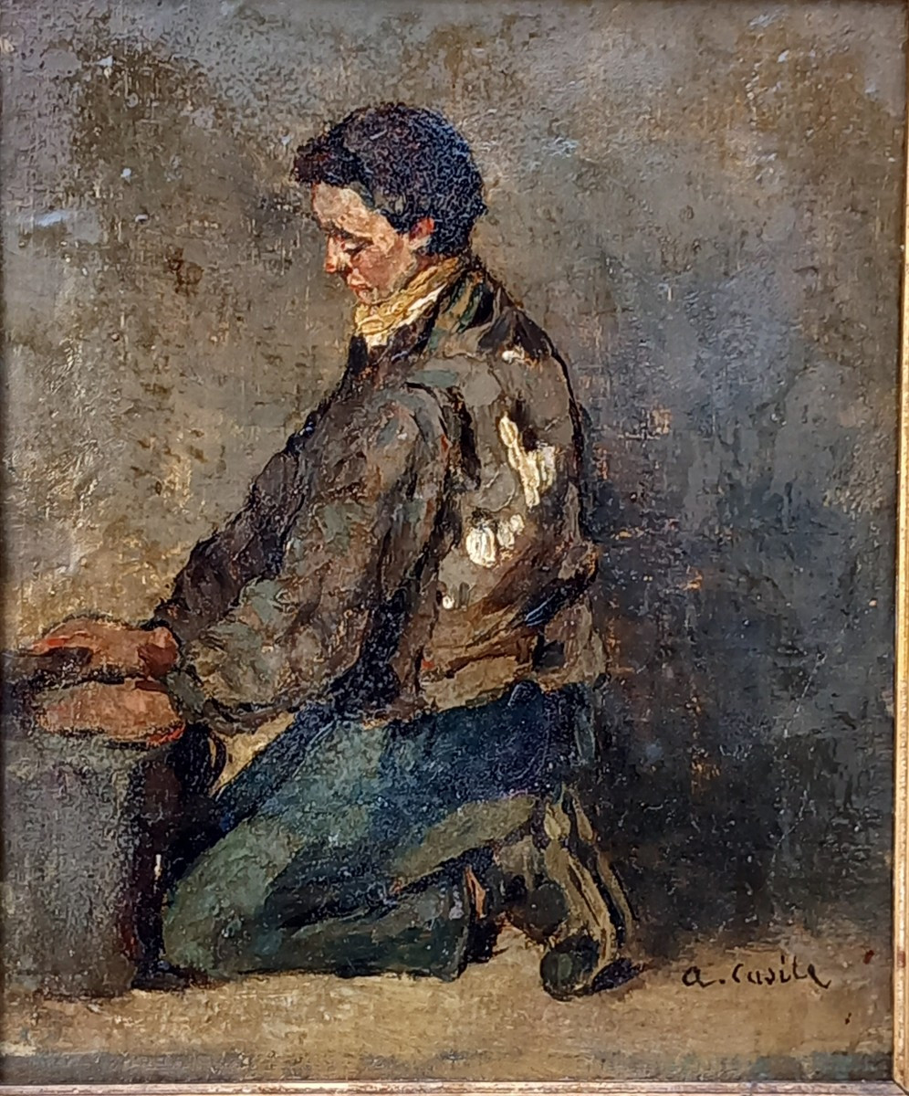 Alfred Casile (1848-1909) The Shoeshine Boy. Oil On Panel-photo-2