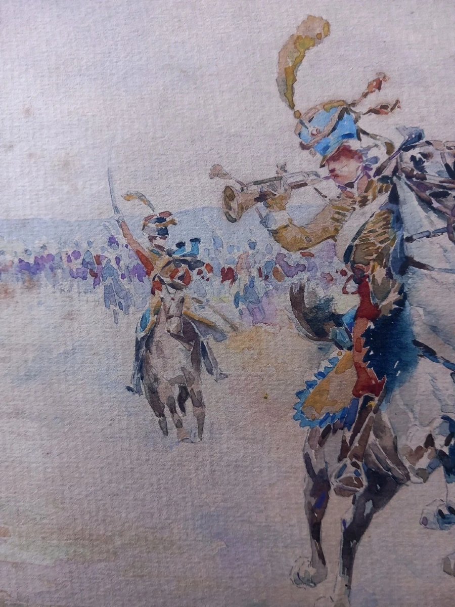 Casimir RAYMOND ( 1870 - 1965) Charge des Hussards Aquarelle du XIXe siècle-photo-2