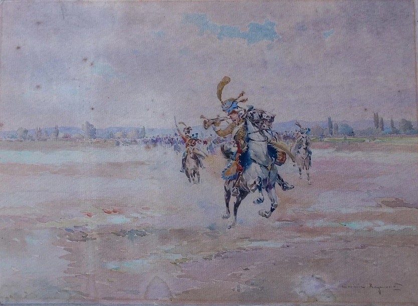 Casimir RAYMOND ( 1870 - 1965) Charge des Hussards Aquarelle du XIXe siècle