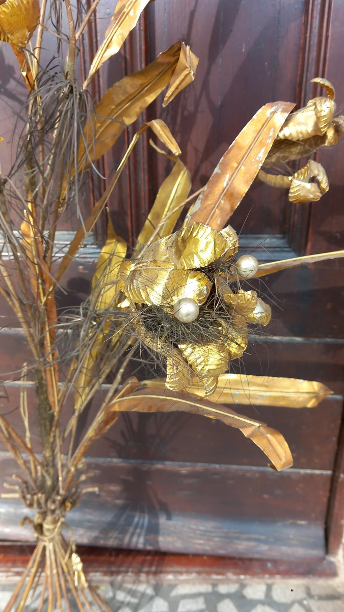 Bouquet de Fleurs de lys en Bois et Tole de Métal Doré XIXe Décor d'Eglise et d'Autel -photo-2