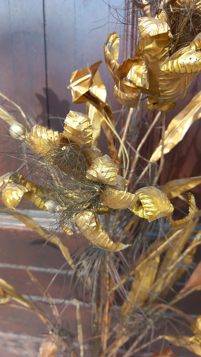 Bouquet de Fleurs de lys en Bois et Tole de Métal Doré XIXe Décor d'Eglise et d'Autel -photo-3