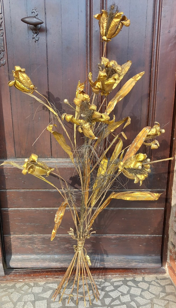 Bouquet de Fleurs de lys en Bois et Tole de Métal Doré XIXe Décor d'Eglise et d'Autel 