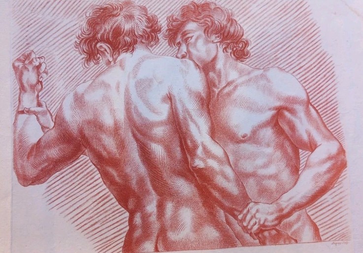 Ancient Gladiator Combat, Bare-tored, 18th Century Sanguine Engraving, Le Clerc And Auvray 