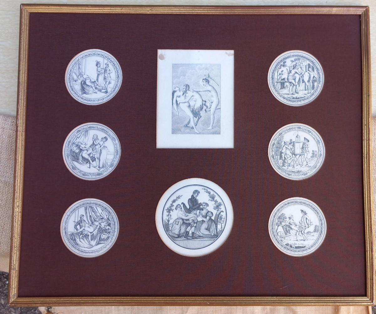 Encadrement de Gravures Erotiques  Début du XIXe Siècle Dont "La Guerre des Dieux" E. de Parny