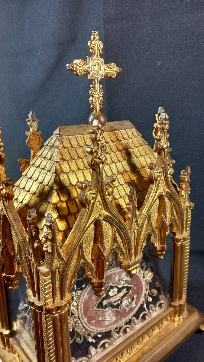 Gilt Bronze Reliquary Shrine, 19th Century, Gothic Style, Diocese Of Luçon, Vendée, Bishop Catt-photo-3
