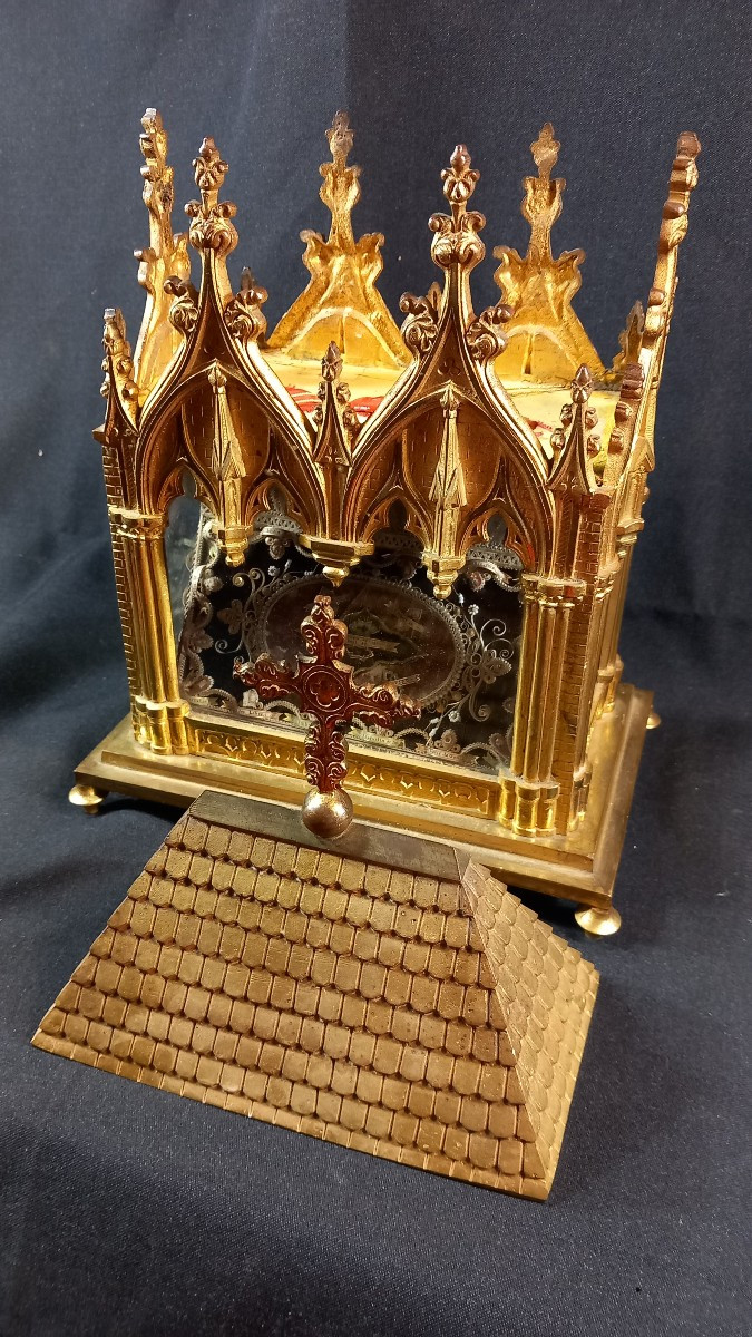 Gilt Bronze Reliquary Shrine, 19th Century, Gothic Style, Diocese Of Luçon, Vendée, Bishop Catt-photo-4