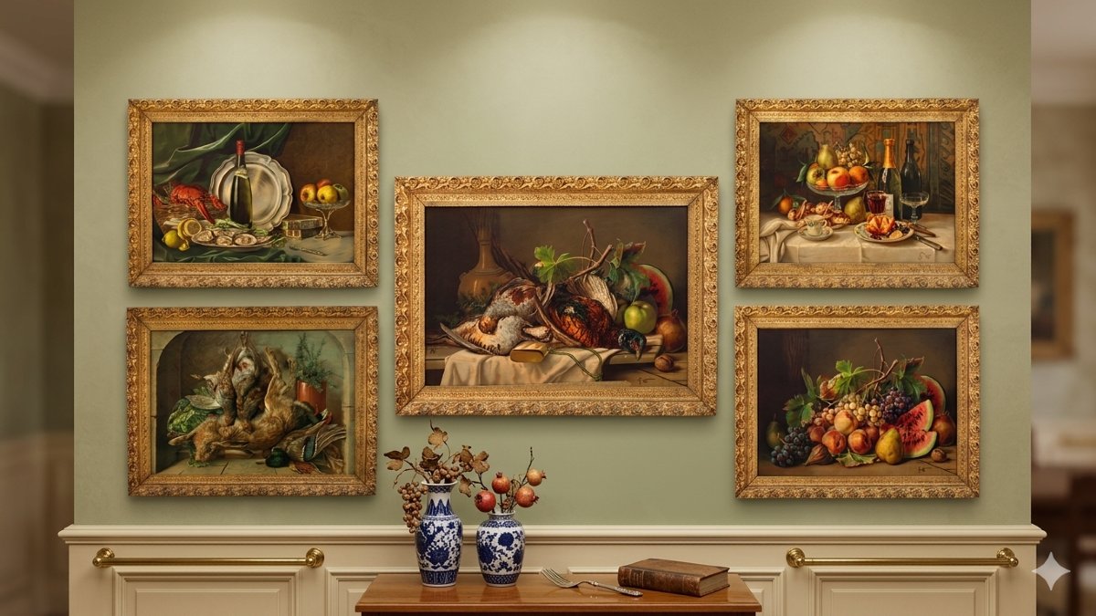 Suite Of Five Still-lifes In Chromolithographs Framed 19th Century Game Fish Crustaceans-photo-1