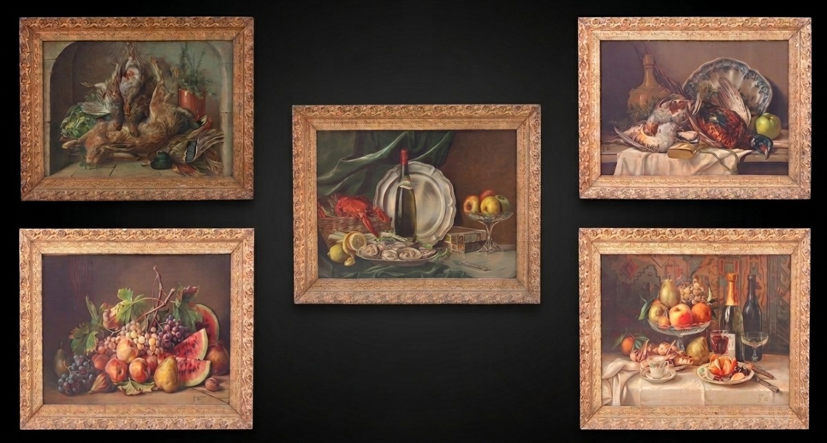 Suite Of Five Still-lifes In Chromolithographs Framed 19th Century Game Fish Crustaceans