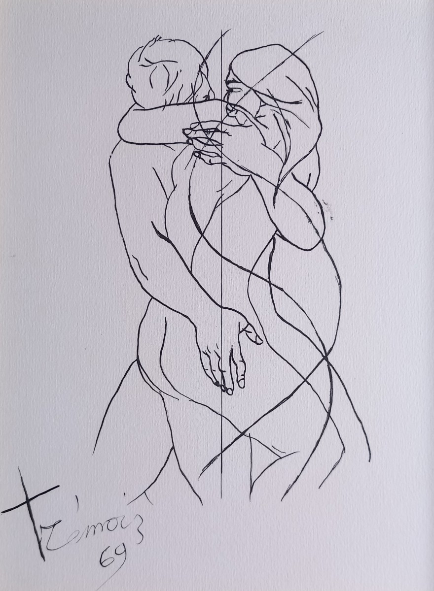 Pierre Yves Trémois Original Ink Drawing "the Embrace" 1969 Eroticism