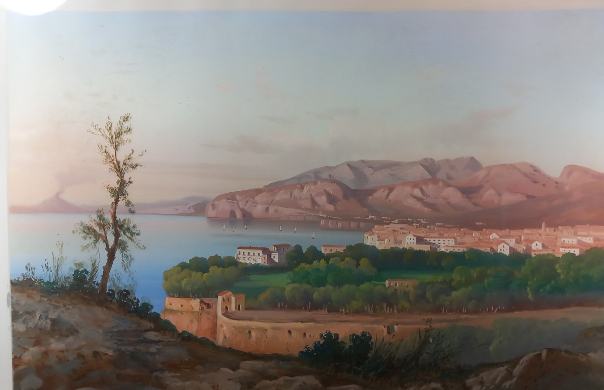 Gouache Of The Grand Tour City Of Sorrento And Bay Of Naples And Vesuvius E.spinosa-photo-2