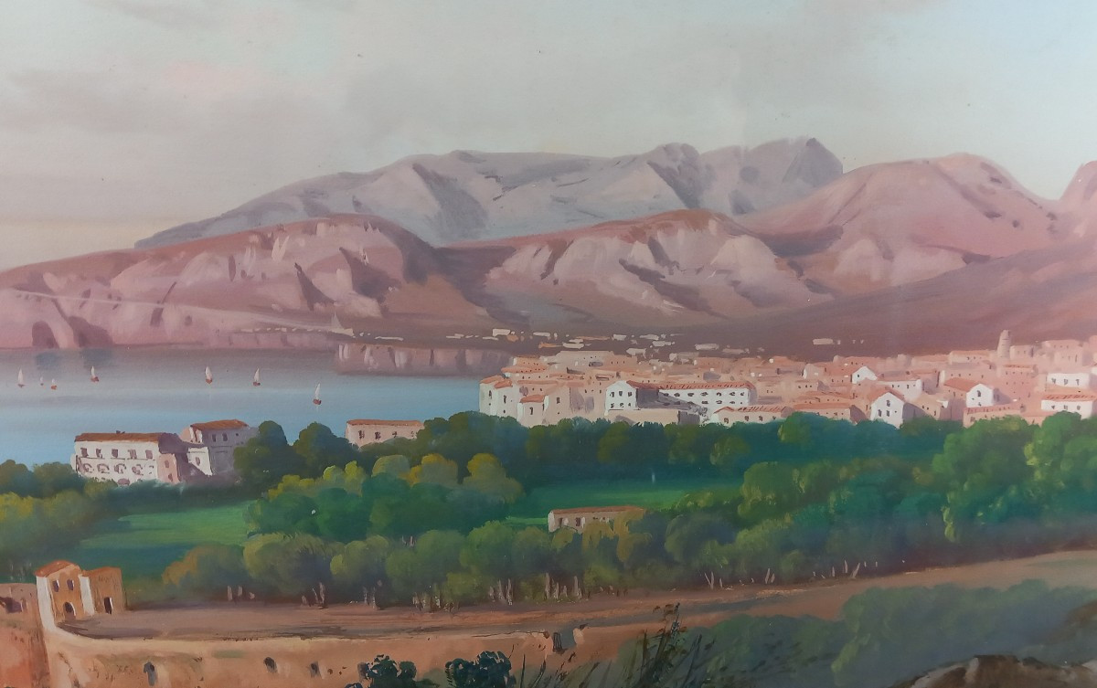 Gouache Of The Grand Tour City Of Sorrento And Bay Of Naples And Vesuvius E.spinosa-photo-1