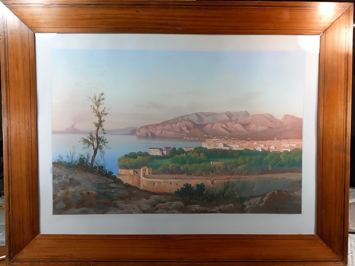 Gouache Of The Grand Tour City Of Sorrento And Bay Of Naples And Vesuvius E.spinosa