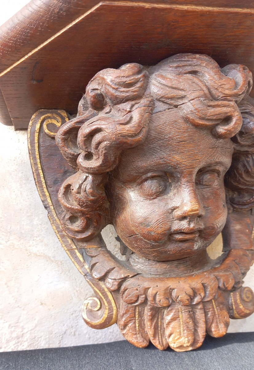 Pair Of Naturel Carved Wood Brackets Putto Heads Or Angelots 18th Century Woodwork-photo-3
