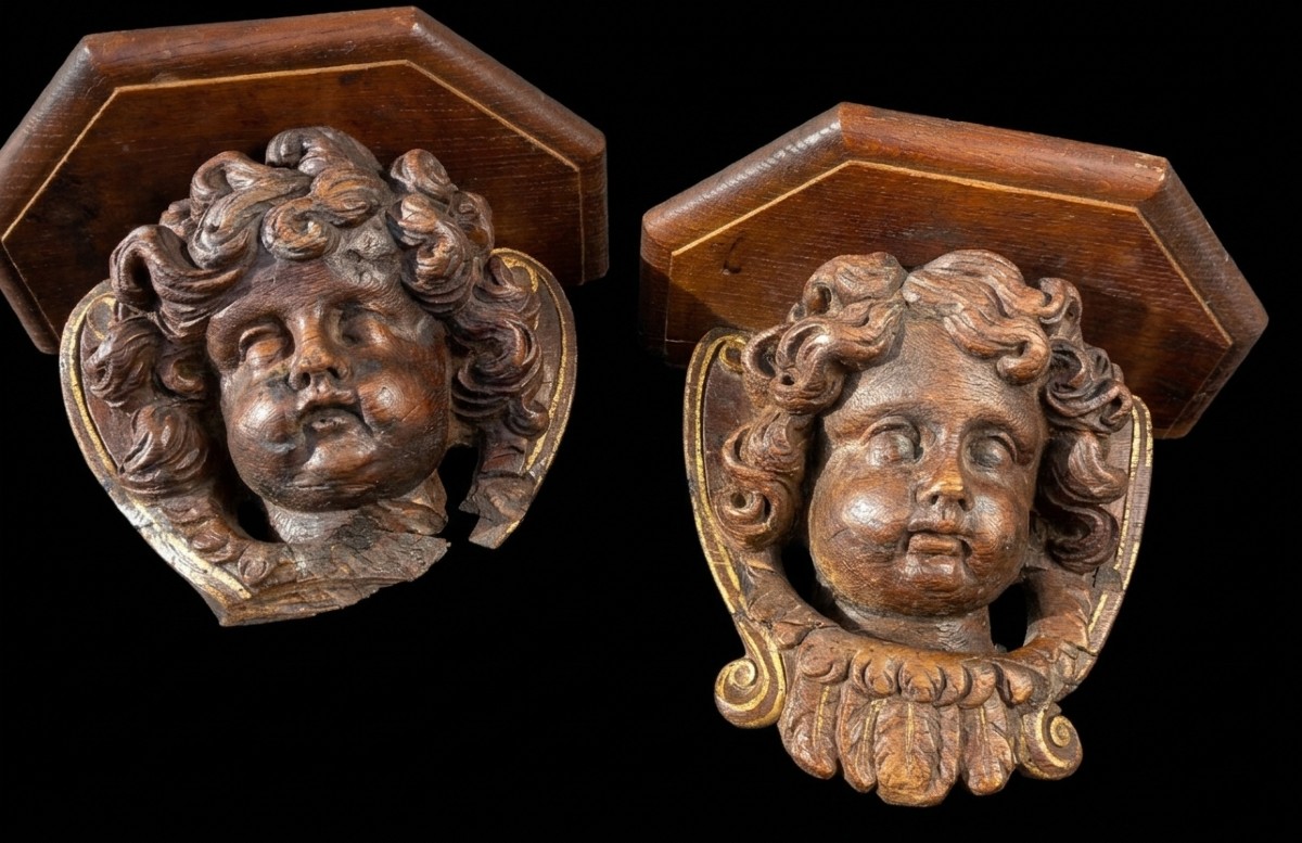 Pair Of Naturel Carved Wood Brackets Putto Heads Or Angelots 18th Century Woodwork