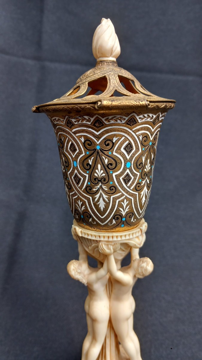 Three Graces Perfume Burner Ivory And Enameled Bronze 19th Century-photo-3