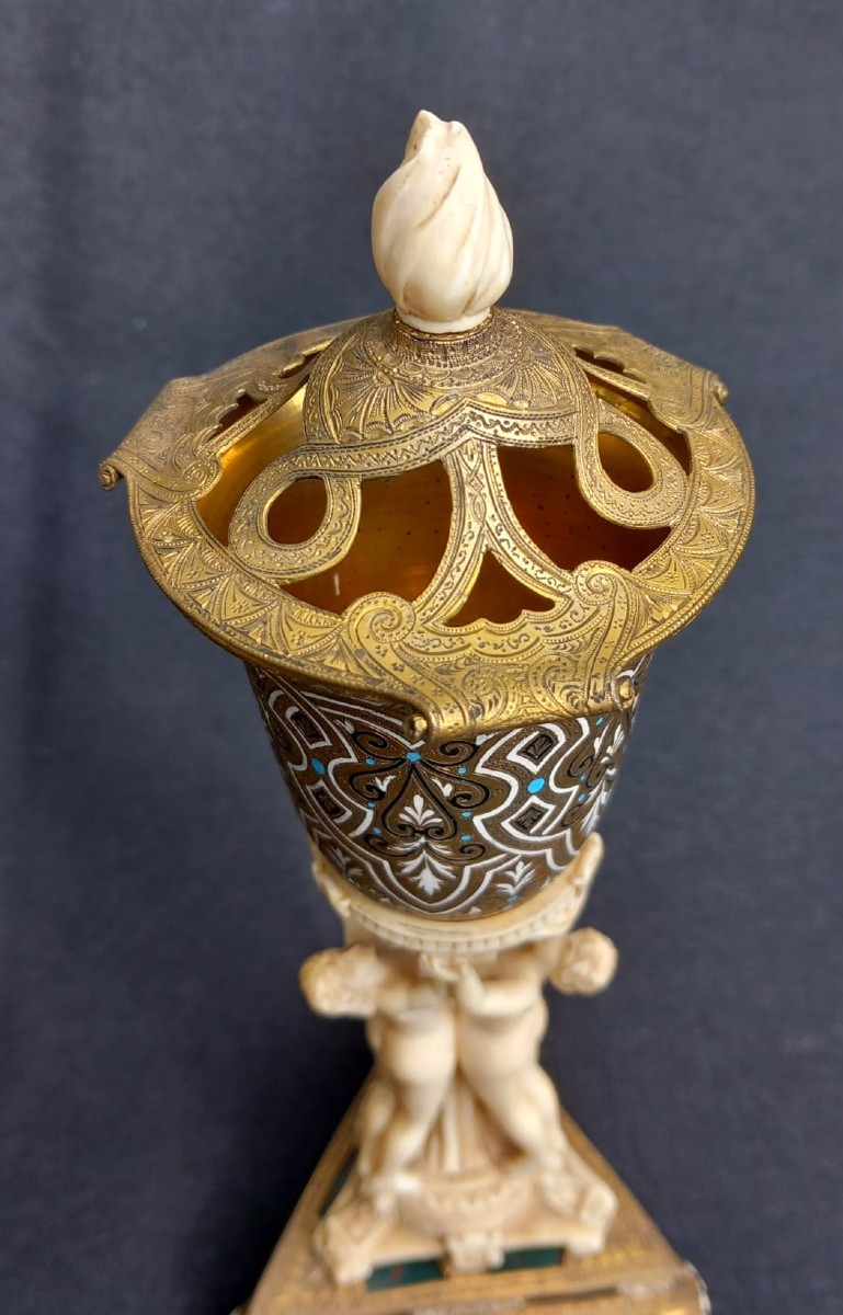 Three Graces Perfume Burner Ivory And Enameled Bronze 19th Century-photo-4