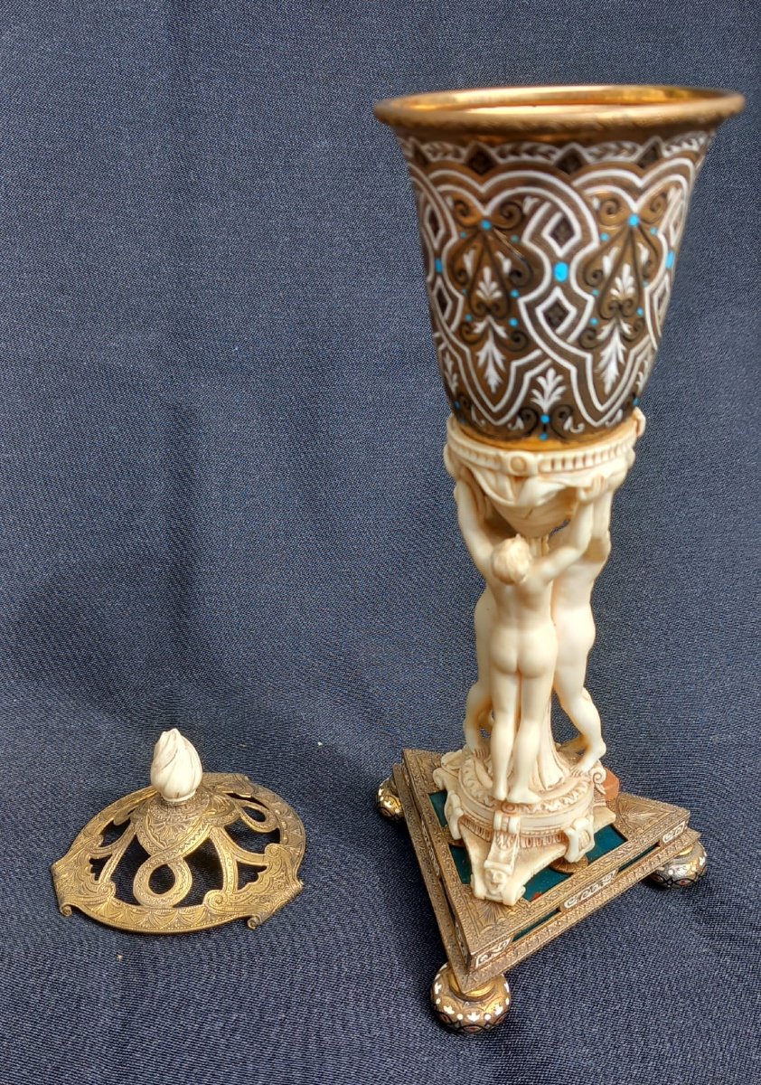 Three Graces Perfume Burner Ivory And Enameled Bronze 19th Century-photo-2