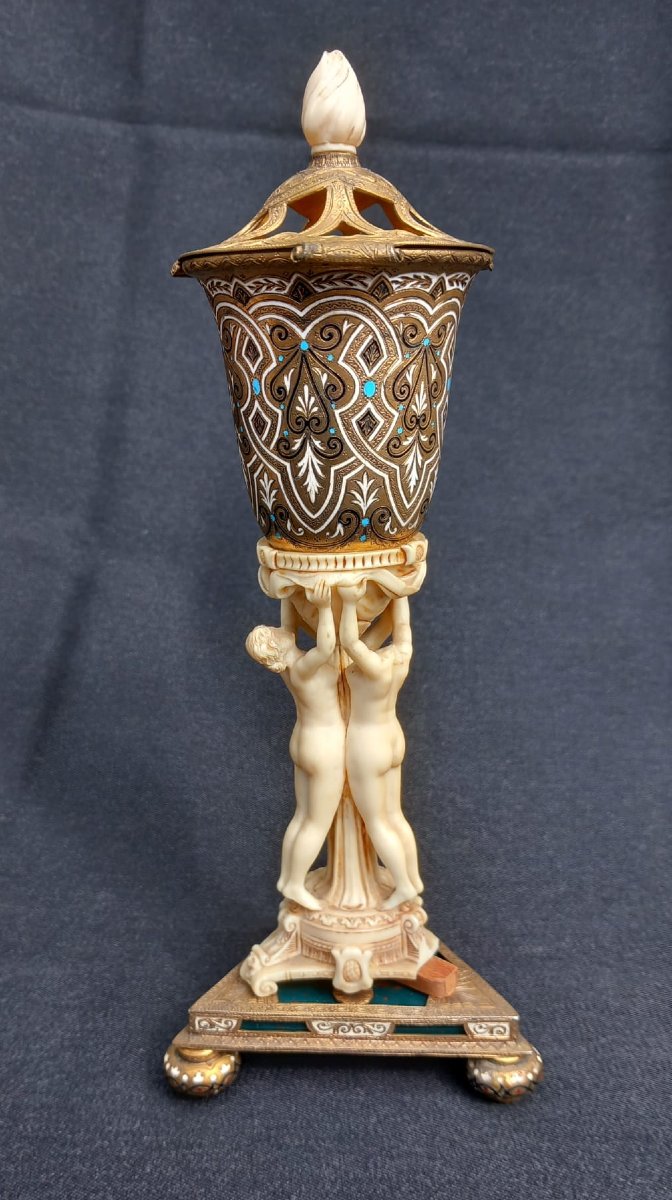 Three Graces Perfume Burner Ivory And Enameled Bronze 19th Century-photo-4