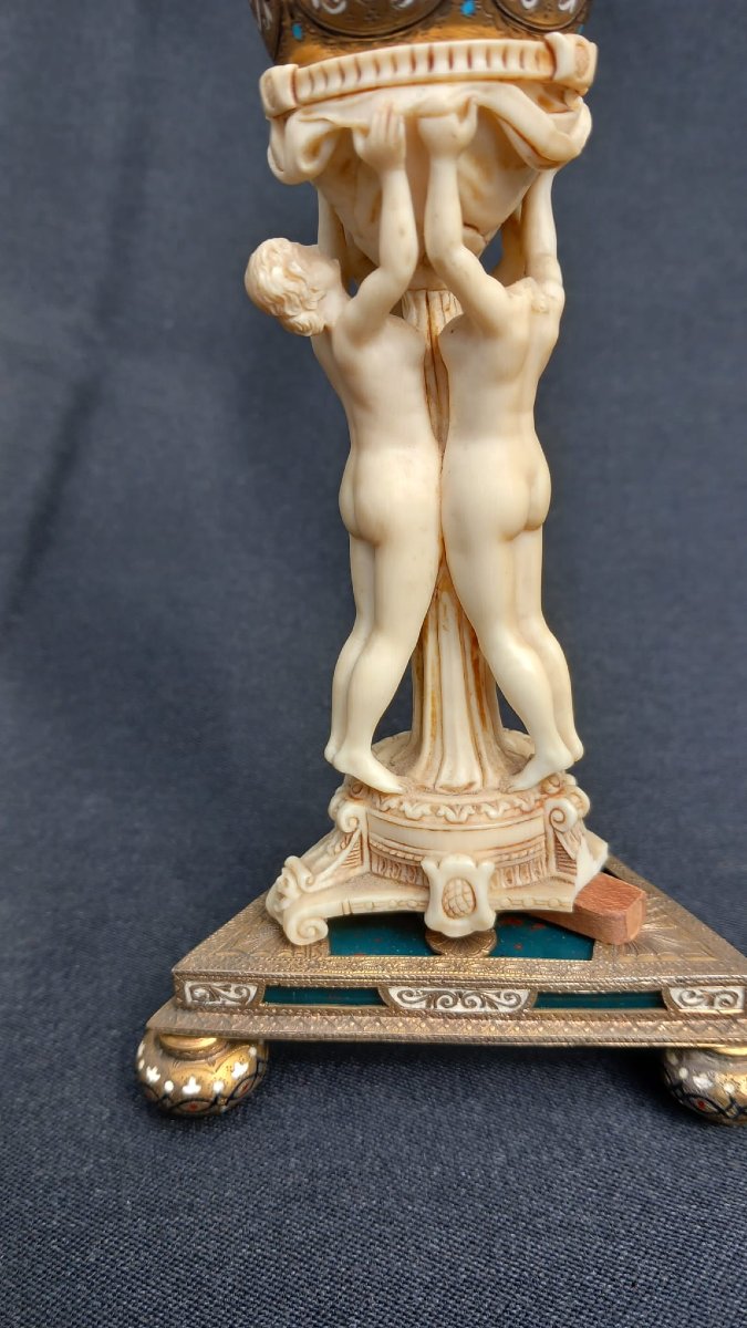 Three Graces Perfume Burner Ivory And Enameled Bronze 19th Century-photo-5
