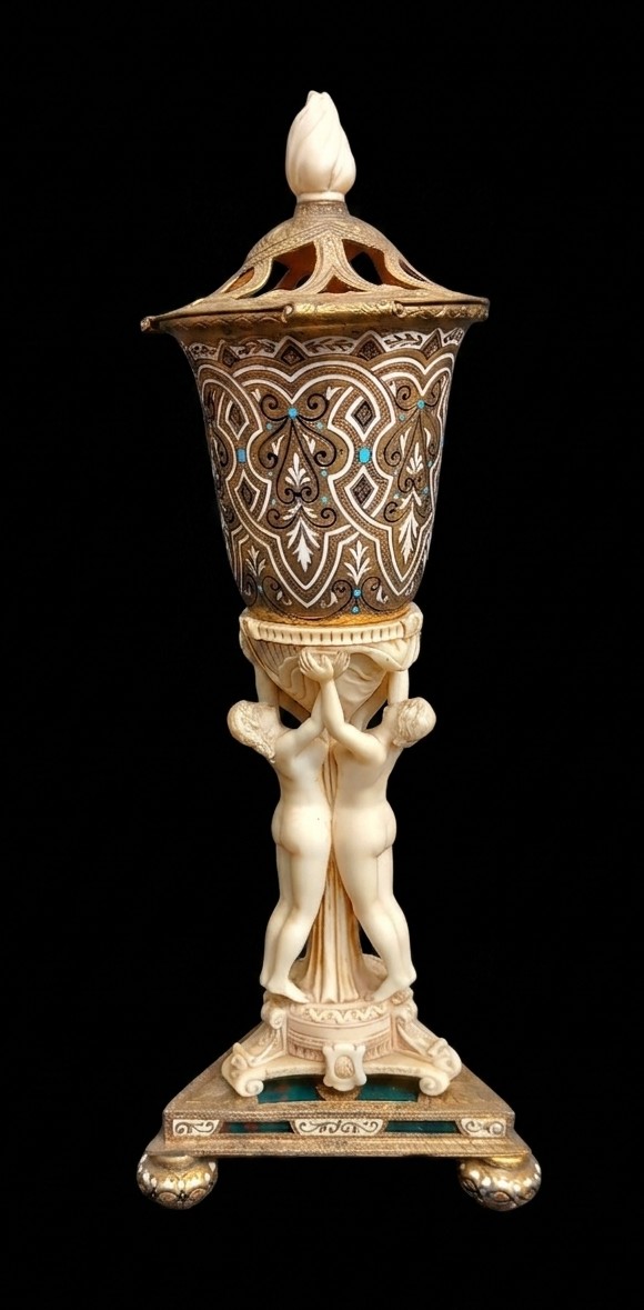 Three Graces Perfume Burner Ivory And Enameled Bronze 19th Century
