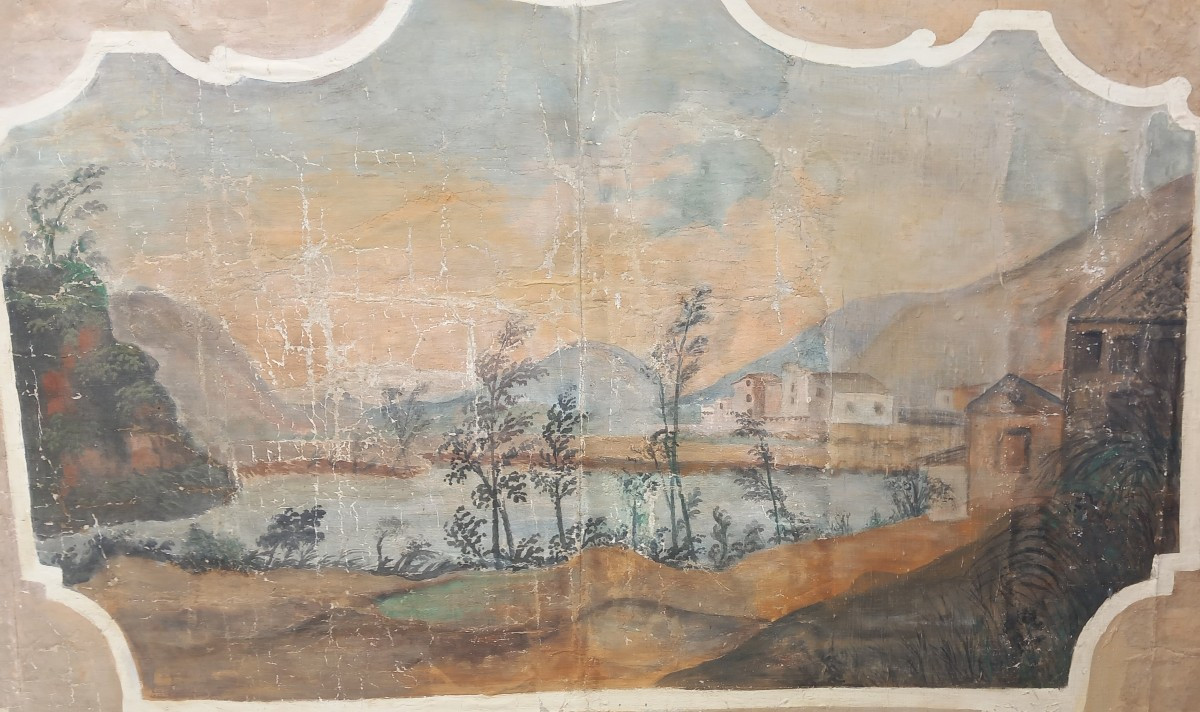 Toile Peinte à Décor de Paysage Dessus de Porte Italie XVIIIe siècle-photo-2
