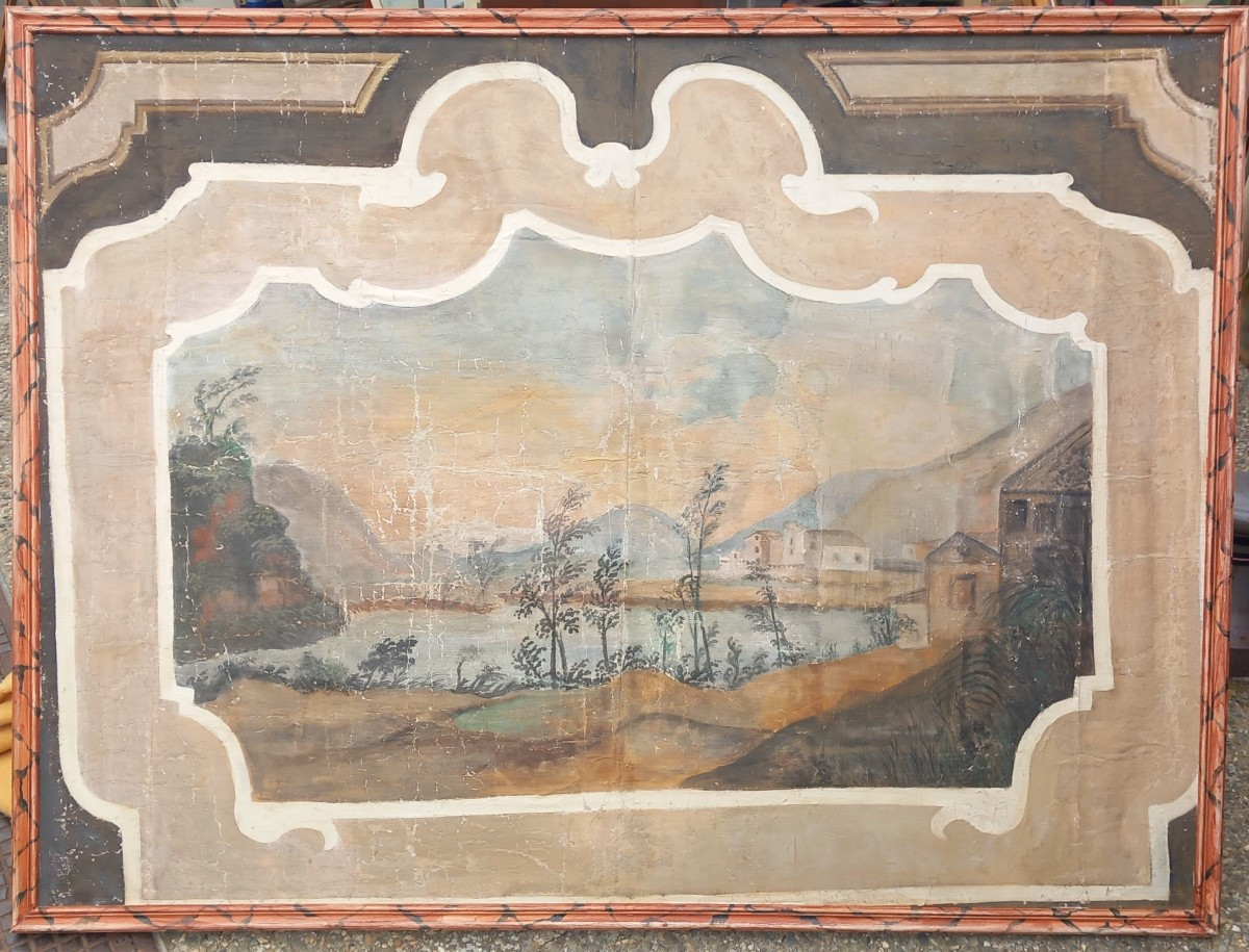 Toile Peinte à Décor de Paysage Dessus de Porte Italie XVIIIe siècle