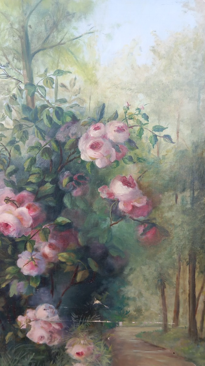 Canvas Painting With Floral Decoration In A Park Alley, 19th Century-photo-2