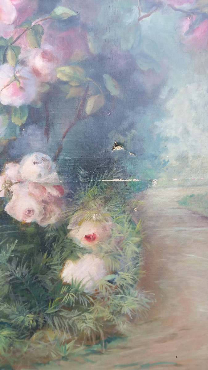 Canvas Painting With Floral Decoration In A Park Alley, 19th Century-photo-3