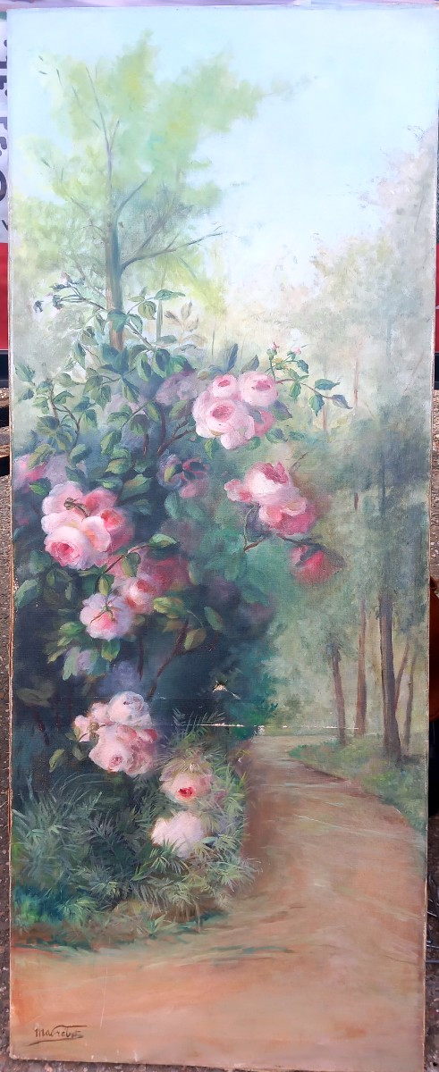 Canvas Painting With Floral Decoration In A Park Alley, 19th Century