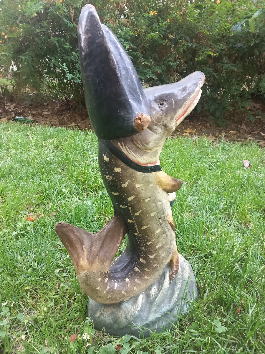 Tirelire Zoomorphe en Papier Mâché XIXe Siècle Brochet Poisson Garde-Pêche Tronc de Commerce-photo-4