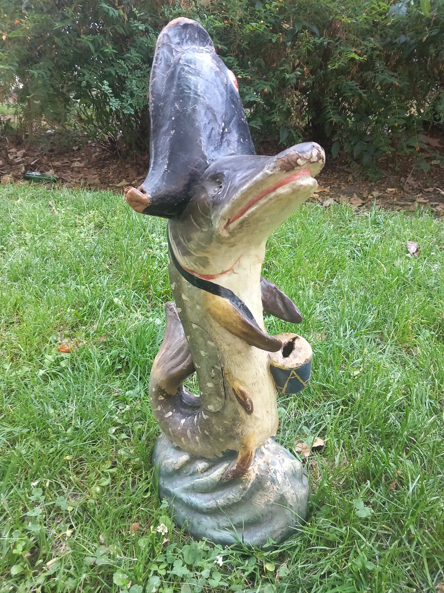 Tirelire Zoomorphe en Papier Mâché XIXe Siècle Brochet Poisson Garde-Pêche Tronc de Commerce-photo-1