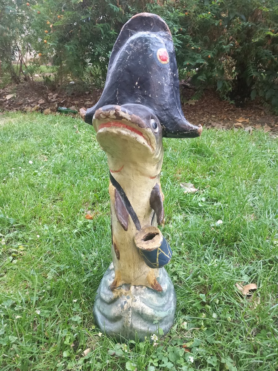 Tirelire Zoomorphe en Papier Mâché XIXe Siècle Brochet Poisson Garde-Pêche Tronc de Commerce-photo-2