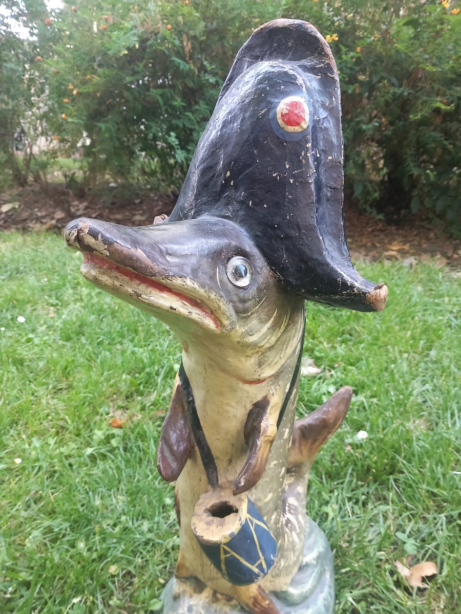 Tirelire Zoomorphe en Papier Mâché XIXe Siècle Brochet Poisson Garde-Pêche Tronc de Commerce-photo-3