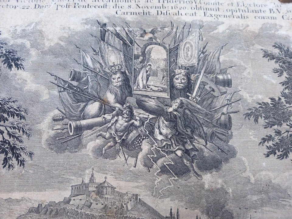 Bataille de la Montagne Blanche à Prague 1620 Tchéquie Grande Gravure XVIIe siècle-photo-3