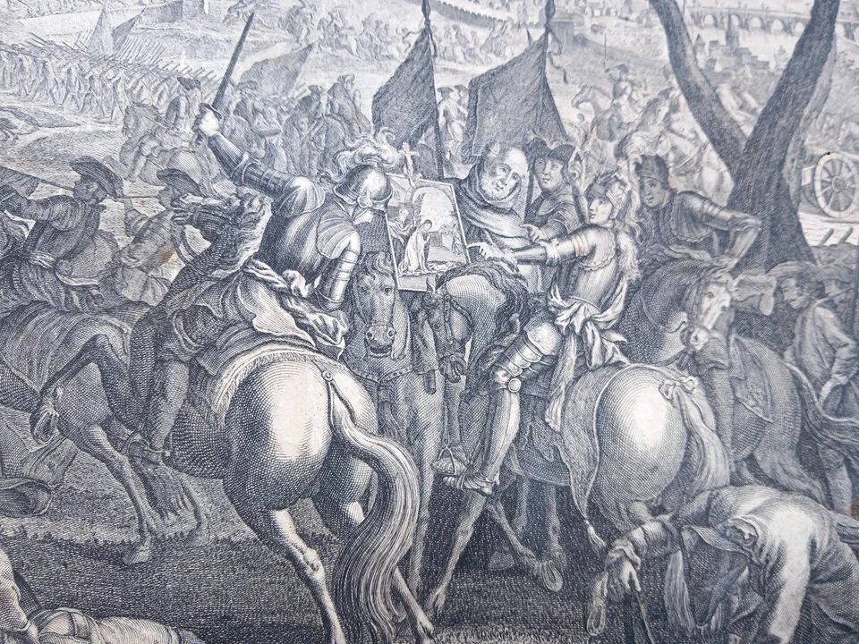 Bataille de la Montagne Blanche à Prague 1620 Tchéquie Grande Gravure XVIIe siècle