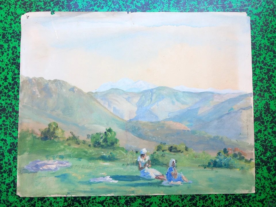 Neville Bulwer-Lytton (1879–1951) Pique Nique dans les Alpes à Annecy Savoie Gouache sur Papier-photo-2
