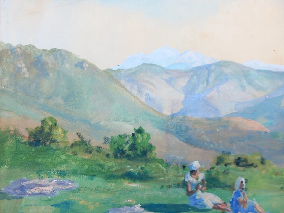 Neville Bulwer-Lytton (1879–1951) Pique Nique dans les Alpes à Annecy Savoie Gouache sur Papier-photo-4