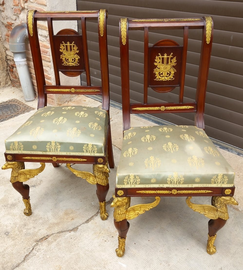 Paire de Chaises Acajou et Bronze Doré Style Empire, fin XIXe Siècle Edmond Kahn & Co Londres-photo-4