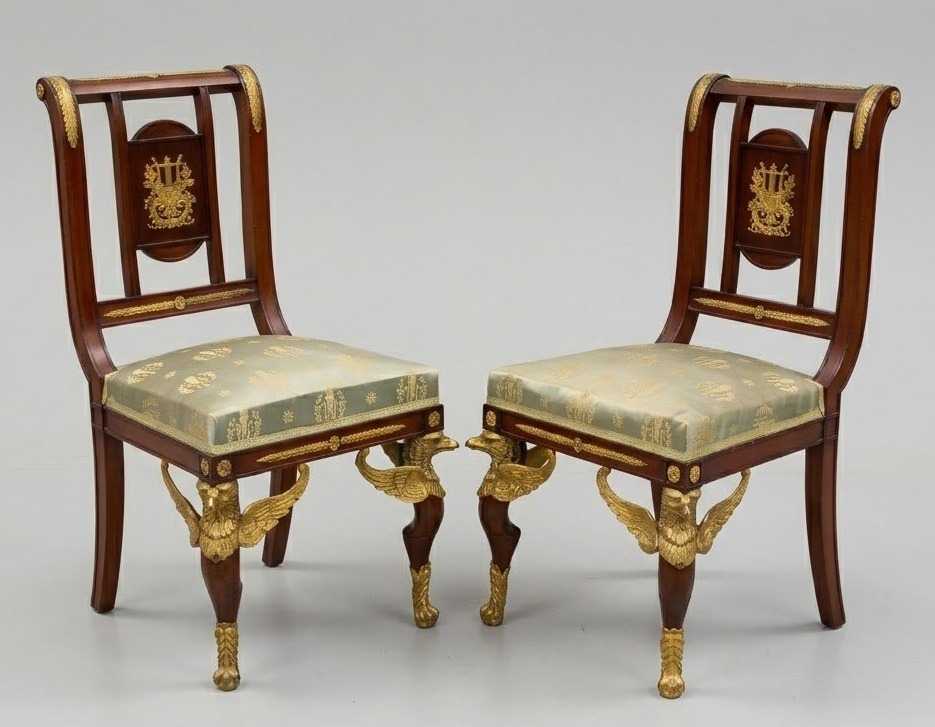 Paire de Chaises Acajou et Bronze Doré Style Empire, fin XIXe Siècle Edmond Kahn & Co Londres