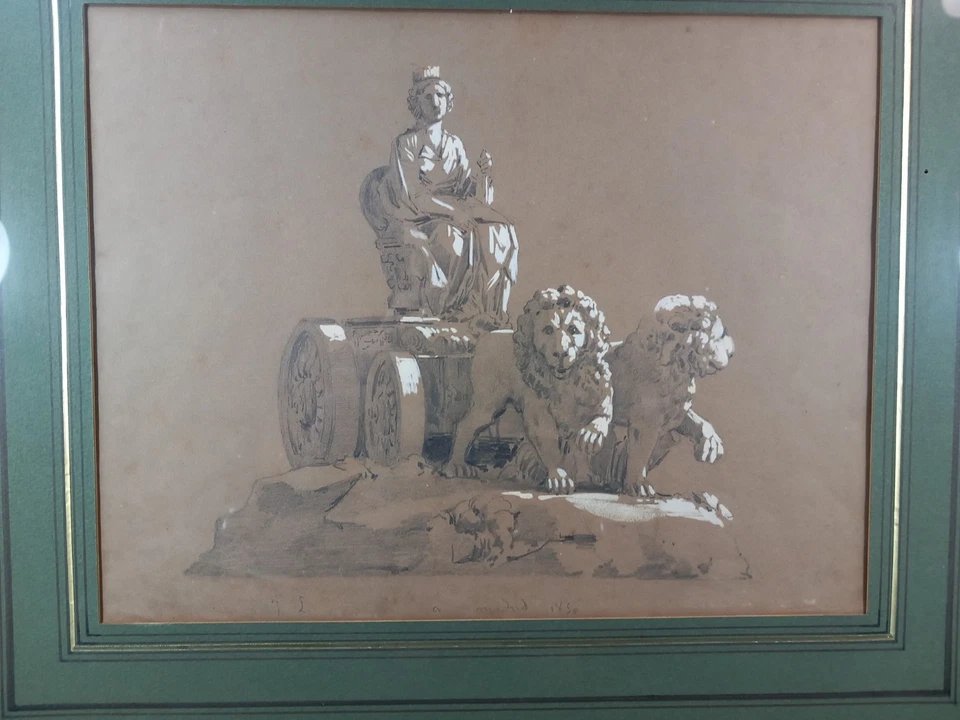 Dessin de la Fontaine de Cybèle au Prado à Madrid Pierre noire rehauts de blanc 1850-photo-2