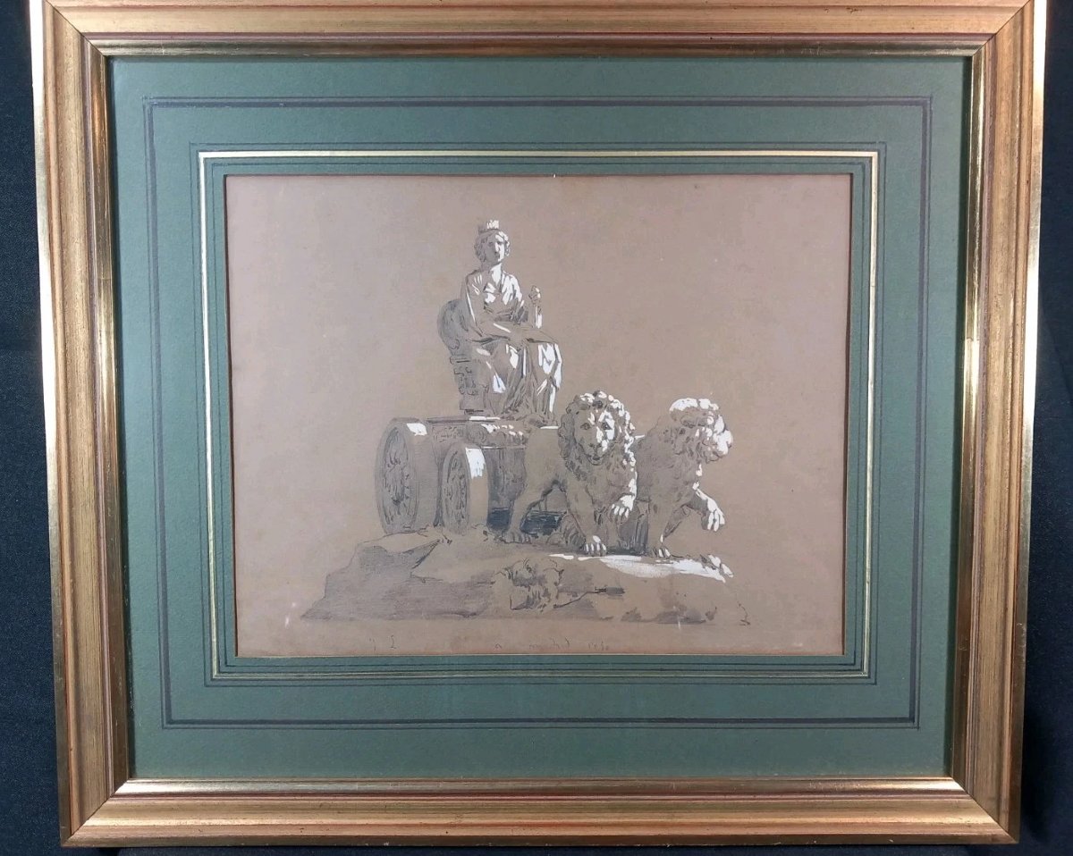 Dessin de la Fontaine de Cybèle au Prado à Madrid Pierre noire rehauts de blanc 1850