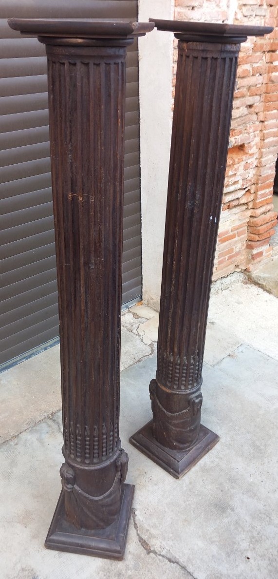 Paire de Colonnes Cannelées et Rudentées, Socles Ornés de Draperies XVIIe Siècle-photo-2