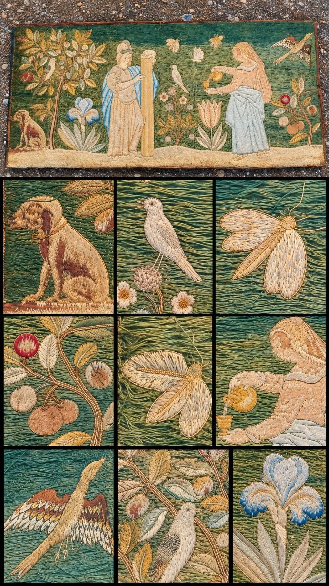 Panneau brodé anglais – Jardin merveilleux Angleterre Textile XVIIe siècle