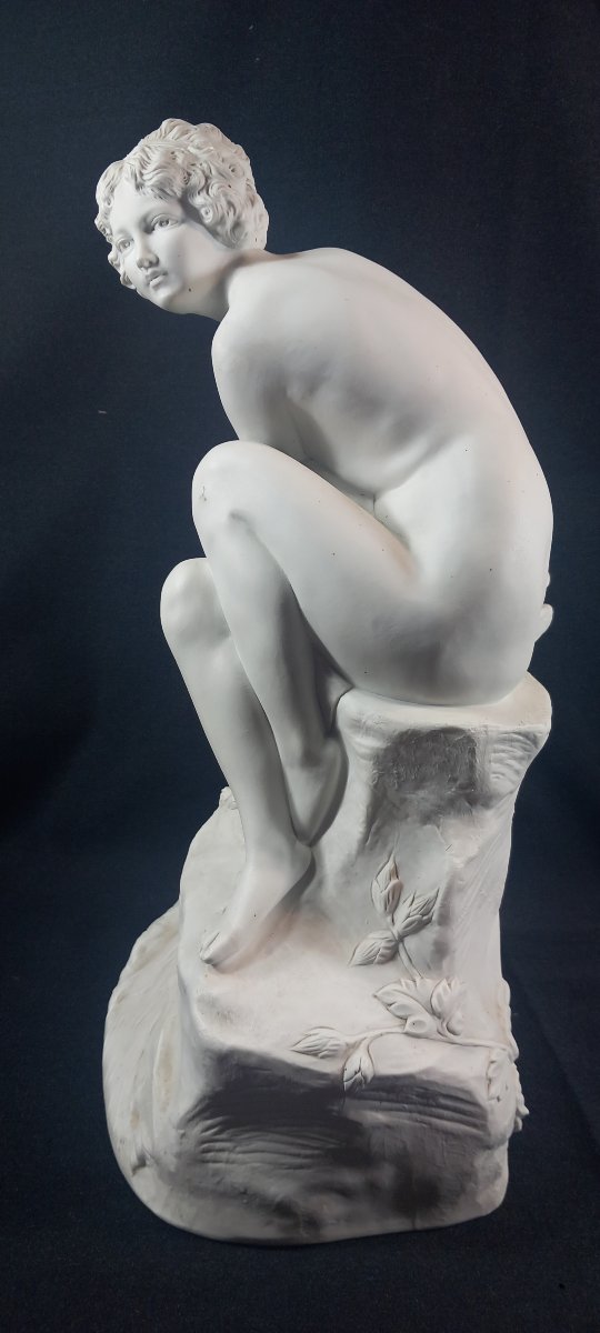 Sculpture Biscuit "Baigneuse nue sur un rocher" D'après Raphaël Nannini (1852-1925) XIXe -photo-4
