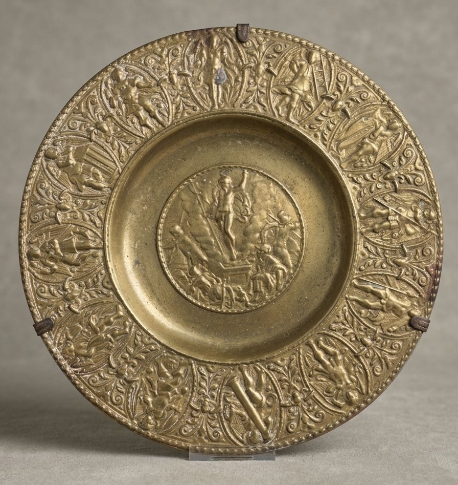 Patène en bronze moulé de Nuremberg Sculpture en Bas Relief Art Sacré XVIIe siècle
