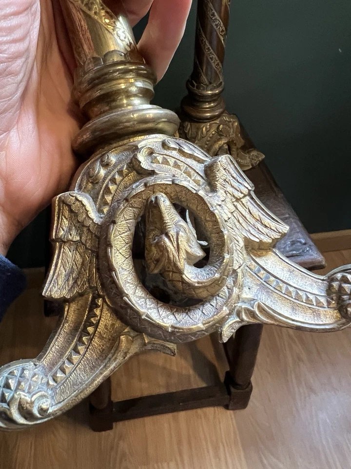 Pair Of Gilded Bronze Church Candlesticks With Dragon Motifs, 19th-century Historicist Style -photo-2