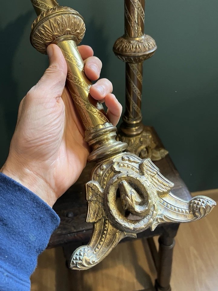 Pair Of Gilded Bronze Church Candlesticks With Dragon Motifs, 19th-century Historicist Style -photo-3