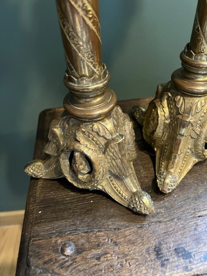 Pair Of Gilded Bronze Church Candlesticks With Dragon Motifs, 19th-century Historicist Style -photo-4