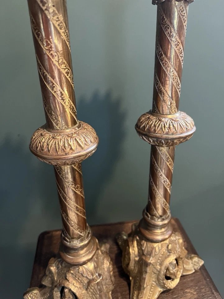 Pair Of Gilded Bronze Church Candlesticks With Dragon Motifs, 19th-century Historicist Style -photo-1